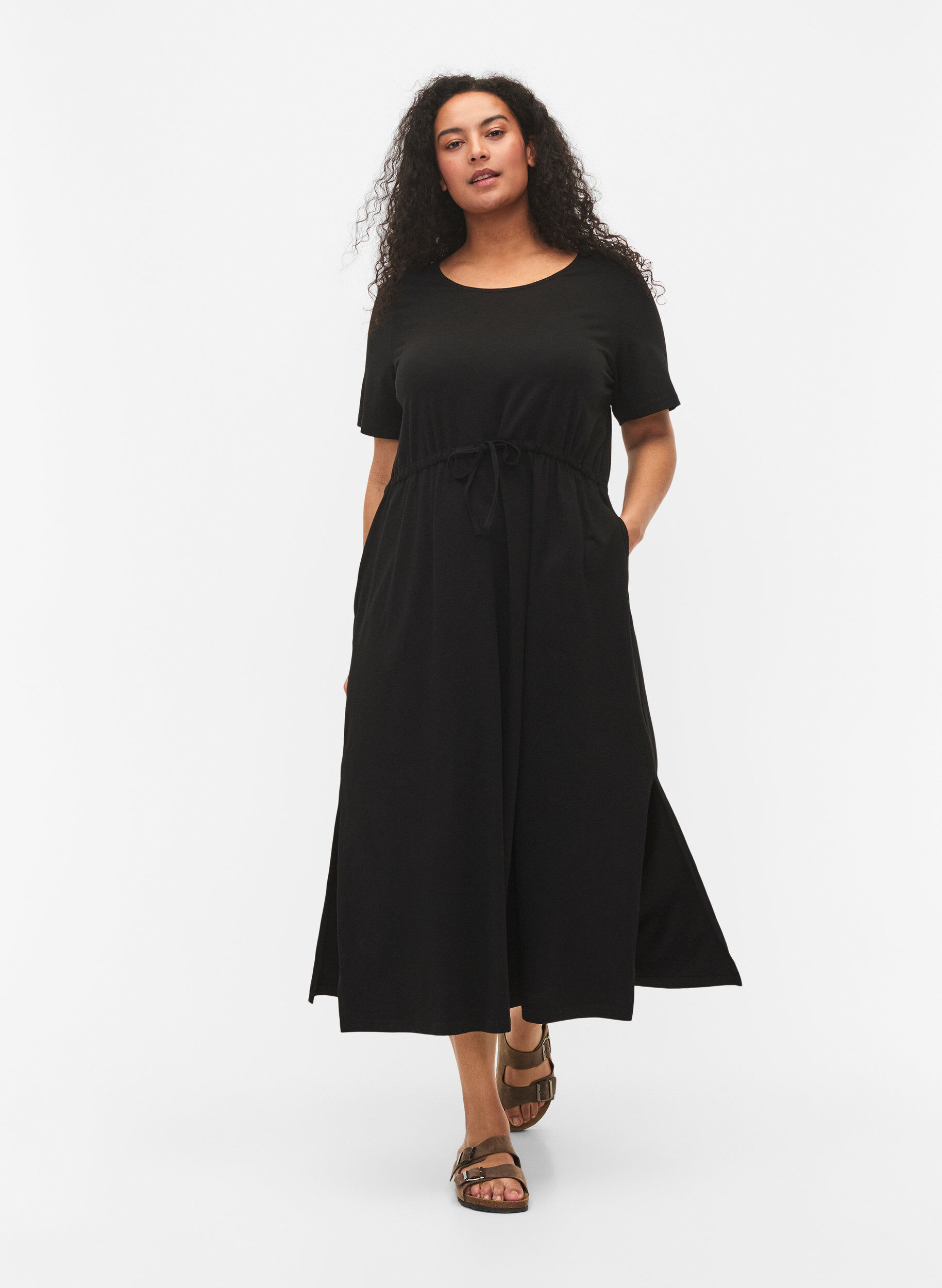 Midi dress in cotton with short sleeves, Black, Model