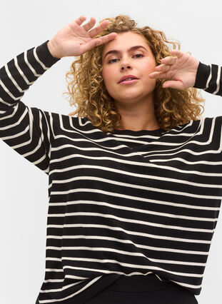 	 Knitted viscose top with long sleeves, Black W/Stripes, Model image number 2