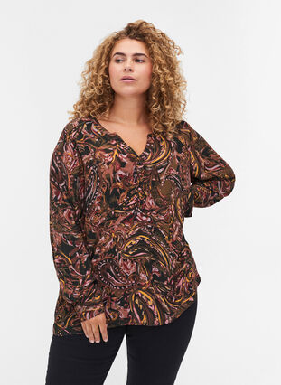 Printed, V-neck viscose blouse, Paisley AOP, Model image number 0