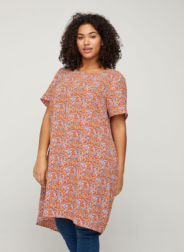 Plain-coloured dress with shorts sleeves, Orange Flower AOP, Model image number 0