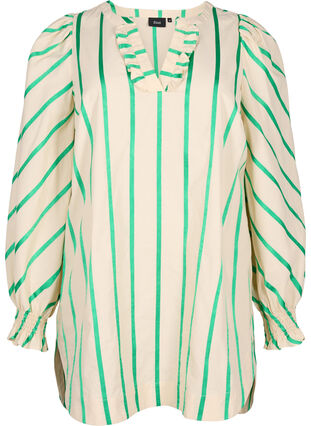 Striped tunic in cotton with smock and ruffles, Beige Green Stripe, Packshot image number 0