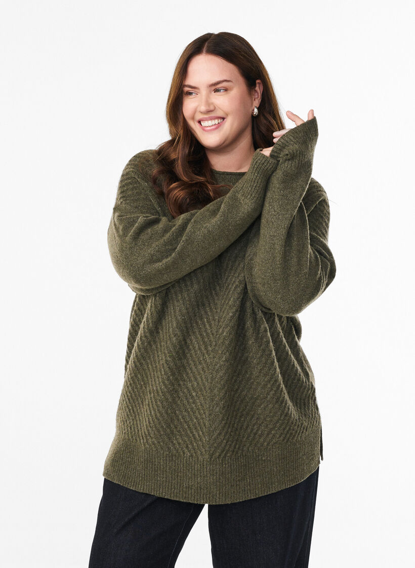 Knitted blouse with V-shaped rib pattern and slits, Green, Model image number 0