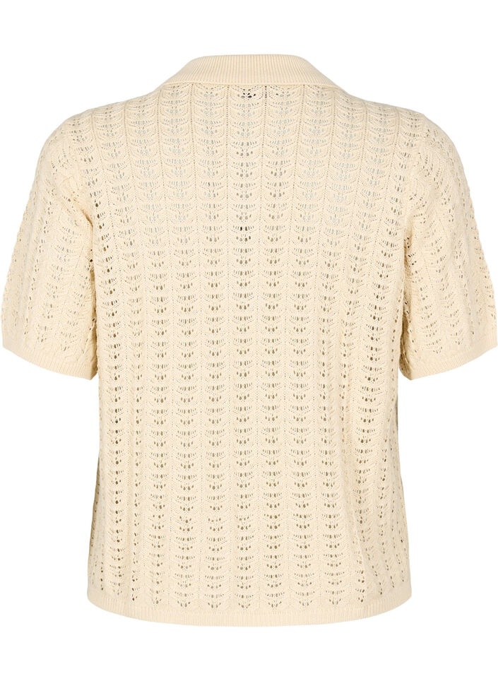 Knitted polo shirt with eyelet pattern, Beige, Packshot image number 1