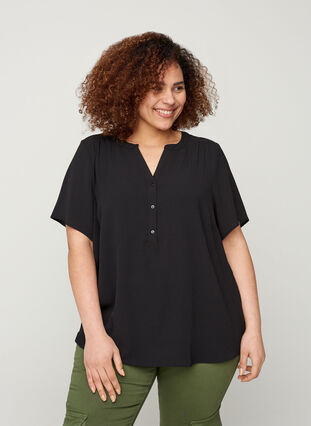 Printed blouse with short sleeves, Black, Model image number 0