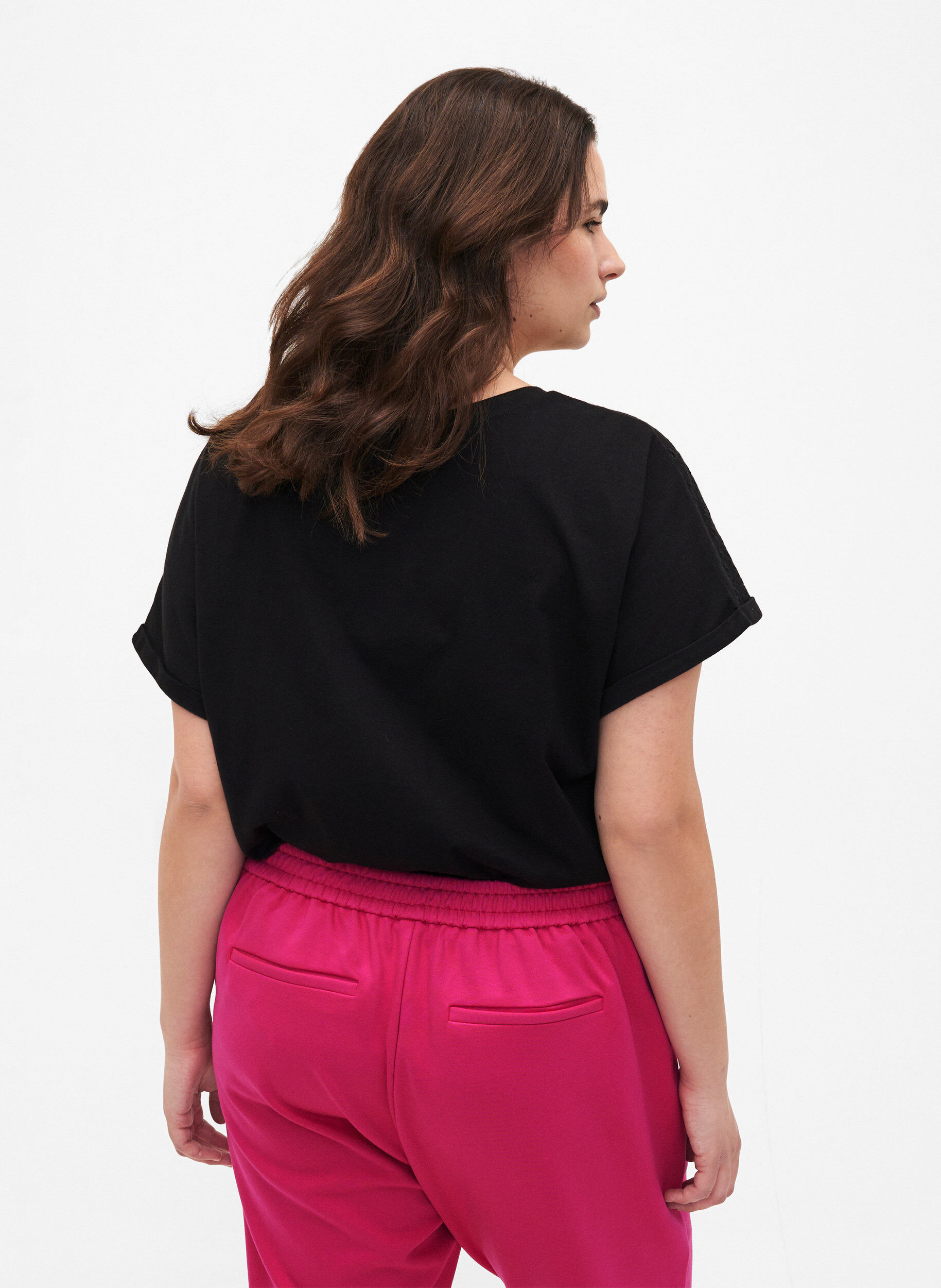 Zizzifashion Organic cotton T-shirt with broderie anglaise, Black, Model image number 1