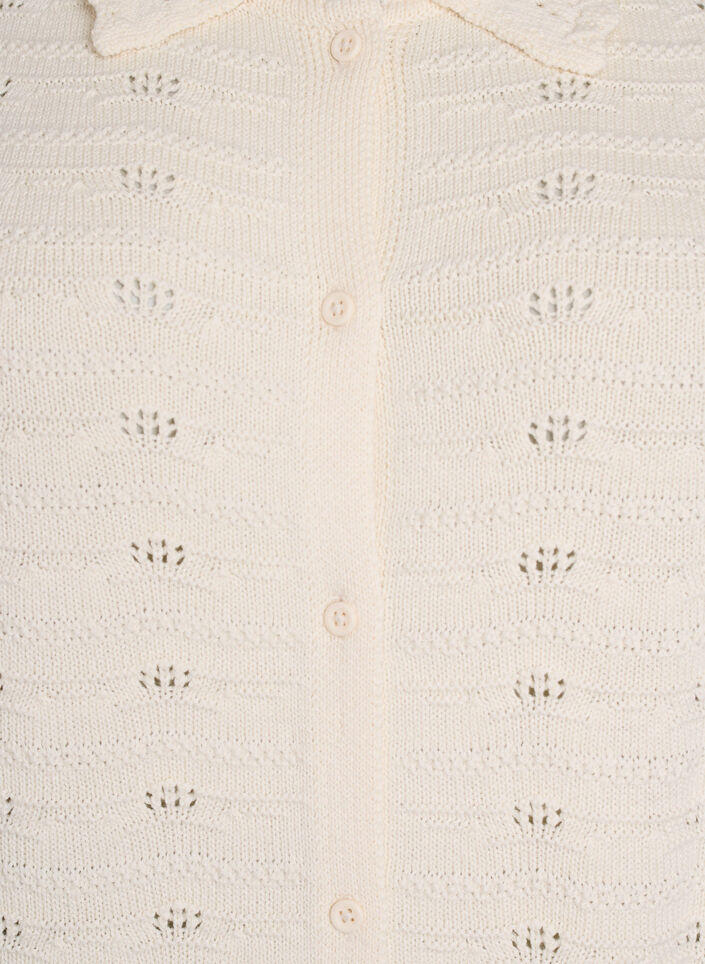 Short-sleeved knit cardigan with polo collar and eyelet embroidery, Vanilla, Packshot image number 2