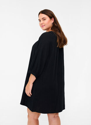 Cotton tunic with buttons and 3/4 sleeves, Black, Model image number 1