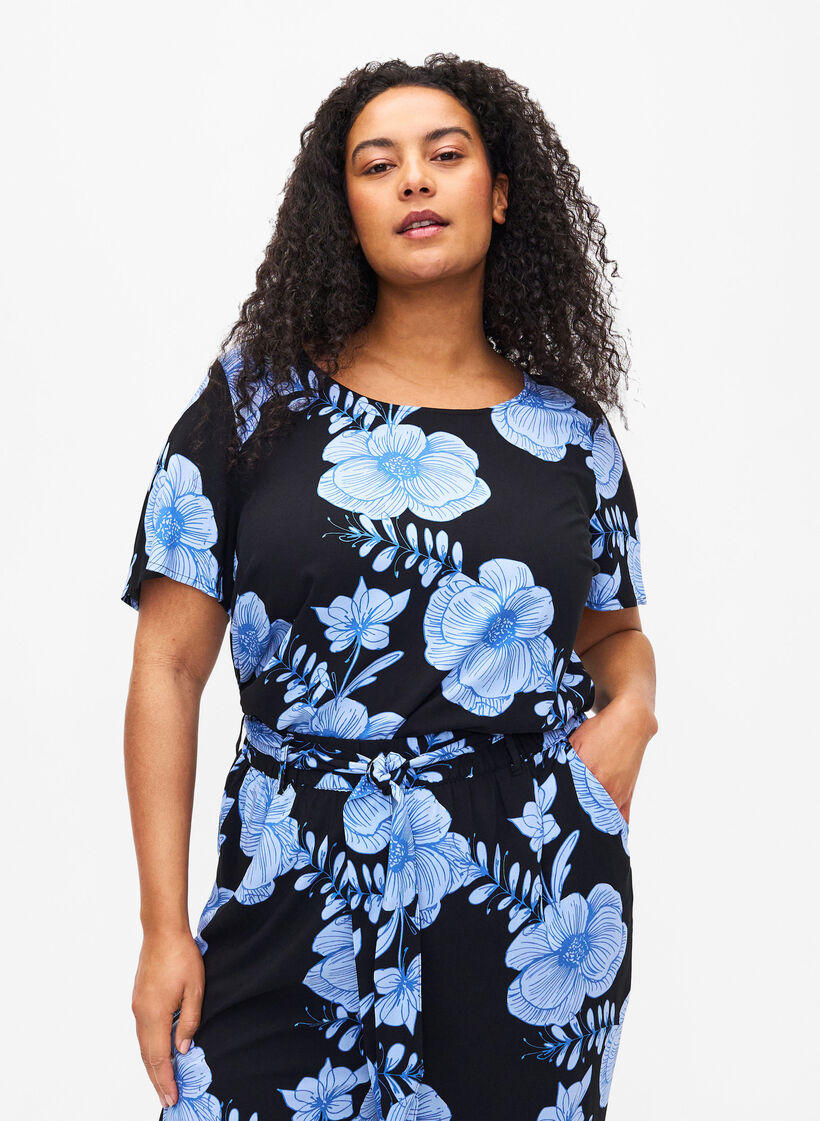 FLASH - Short sleeve viscose blouse with print, Black, Model image number 0