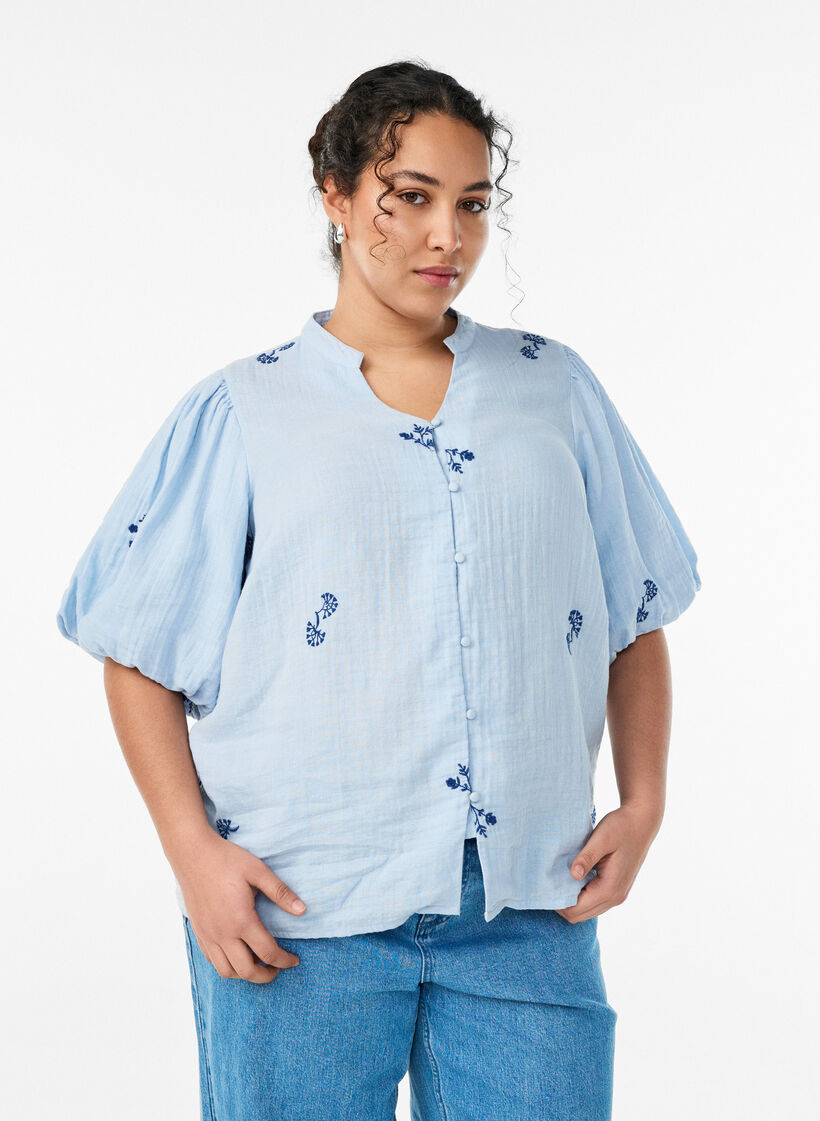 Blouse in cotton muslin with balloon sleeves and embroidered details, Light Blue, Model image number 0