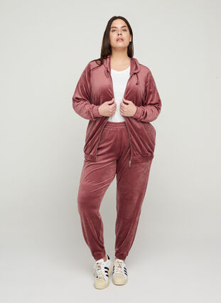 Velour cardigan with zip and hood, Mesa Rose, Model image number 2