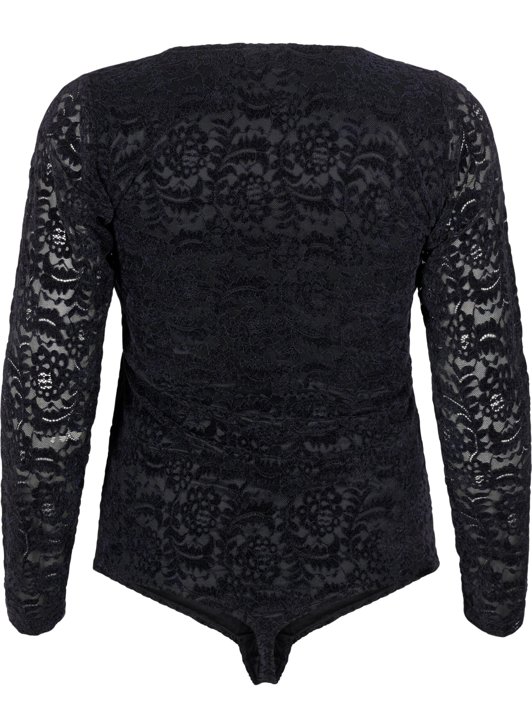 Zizzifashion Lace bodystocking with long sleeves, Black, Packshot image number 1