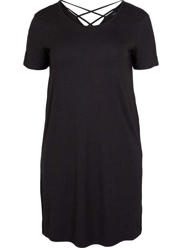 Short sleeve viscose nightgown with back detail, Black, Packshot image number 0