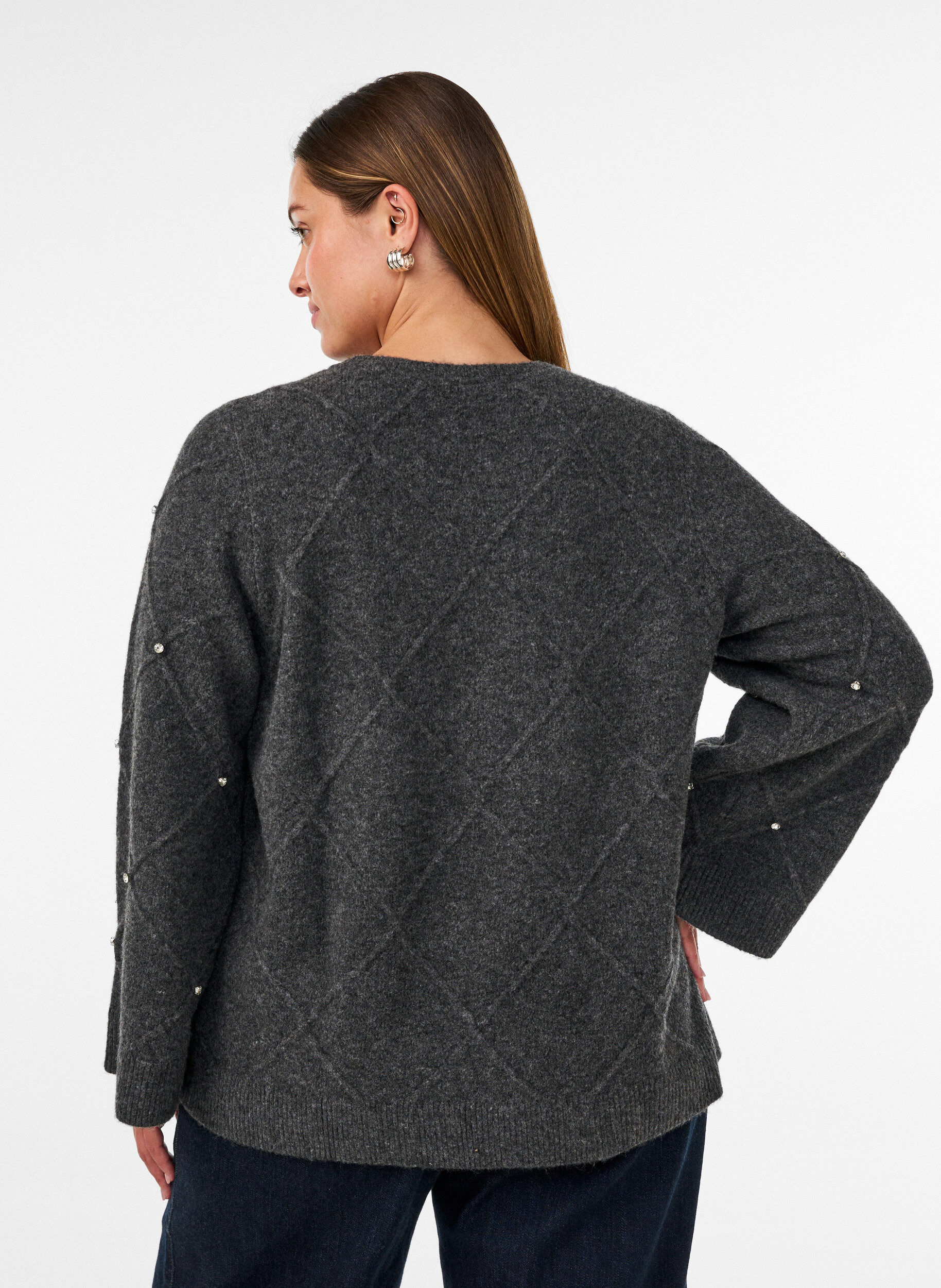 ZizzifashionKnitted blouse with rhinestones and diamond pattern, Dark Grey, Model image number 2