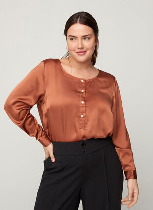 Long-sleeved blouse with feminine buttons, Russet, Model image number 0