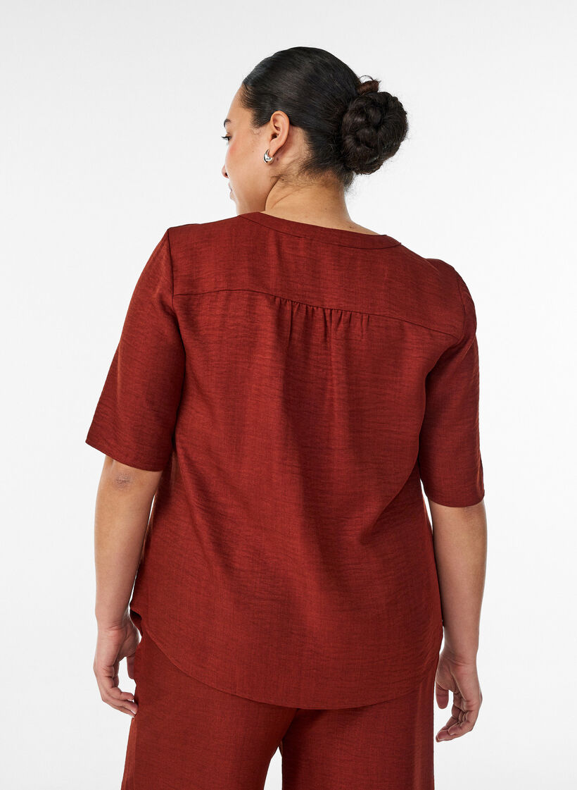 V-neck shirt blouse with short sleeves, Red, Model image number 2
