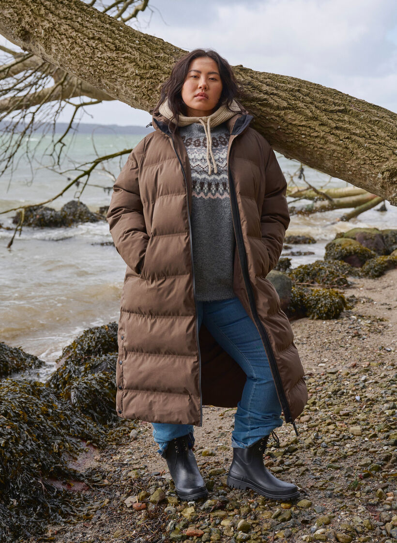 Long puffer winter coat with hood, Brown, Image image number 0