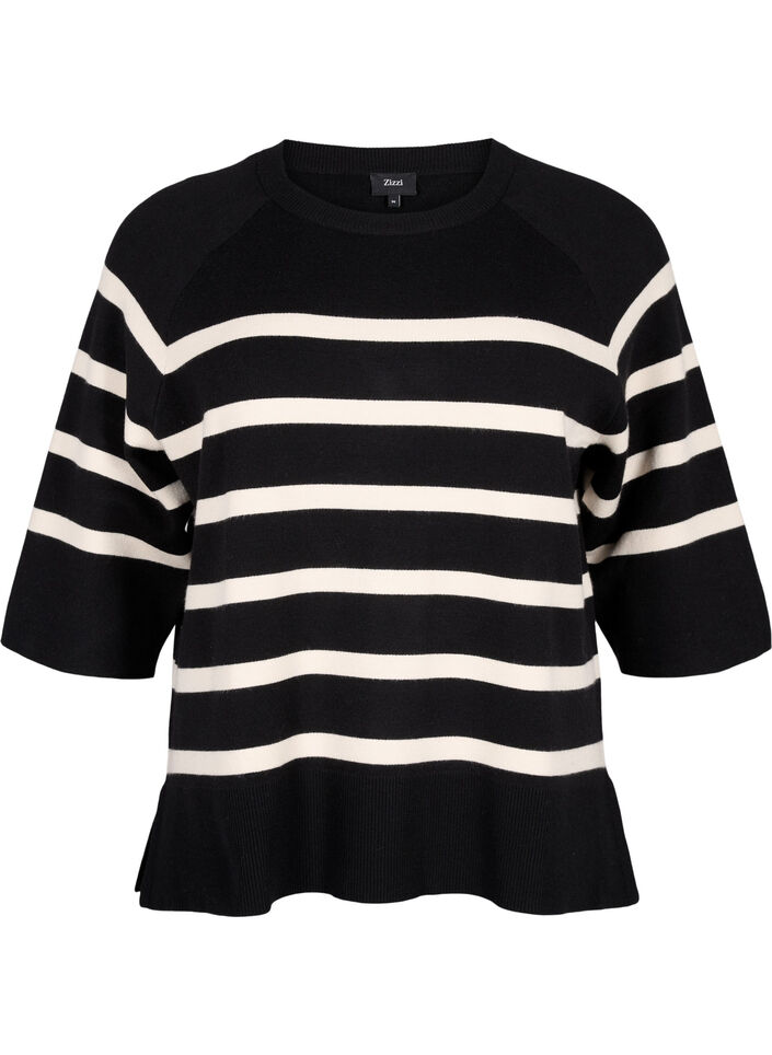 3/4 sleeve knitted blouse with stripes, Black Birch Stripes, Packshot image number 0