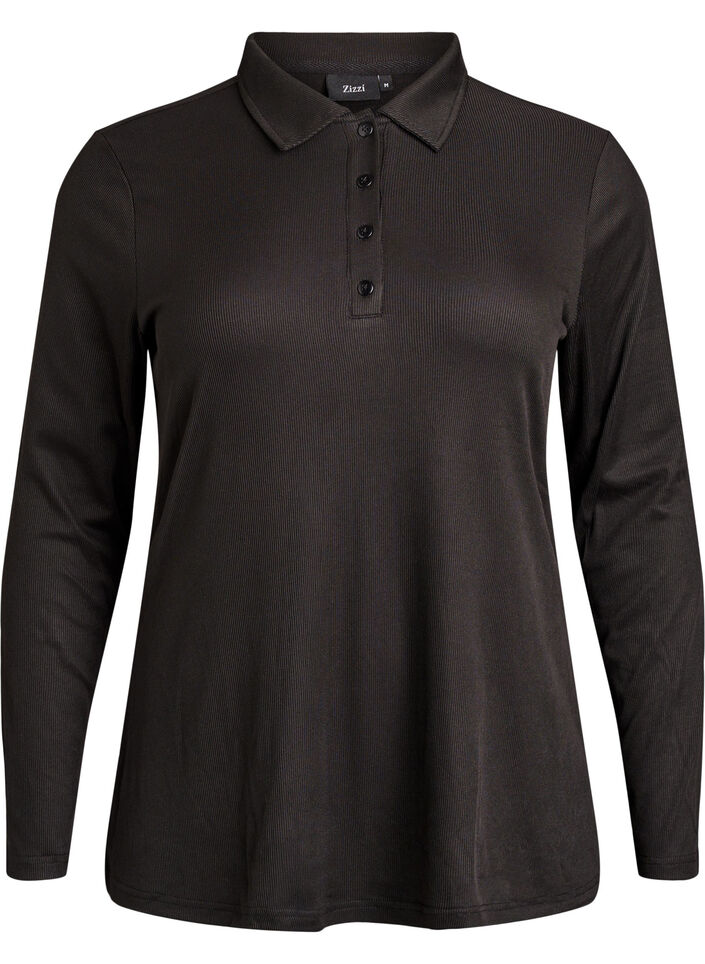 Polo shirt in soft rib with long sleeves, Black, Packshot image number 0