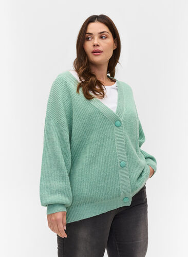 Knitted cardigan with buttons and balloon sleeves, Dusty Jade Green Mel, Model image number 0