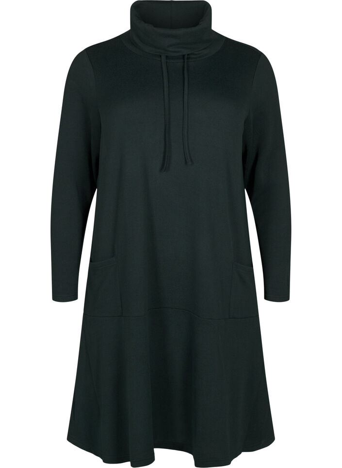 Jersey dress with high neck and pockets, Green, Packshot image number 0