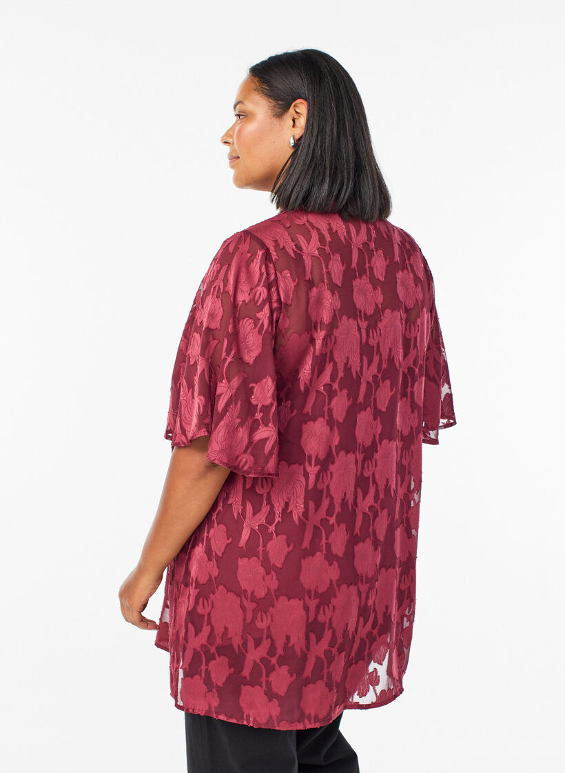 Short A-line dress with a floral print, Dark Bordeaux, Model image number 2