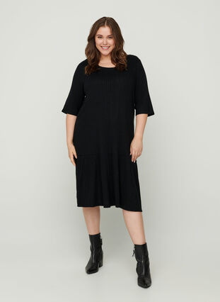 Ribbed dress with 1/2 length sleeves, Black, Model image number 2