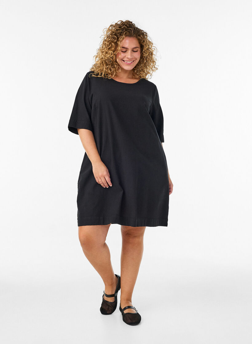 Cotton dress with short sleeves and pockets, Black, Model image number 1