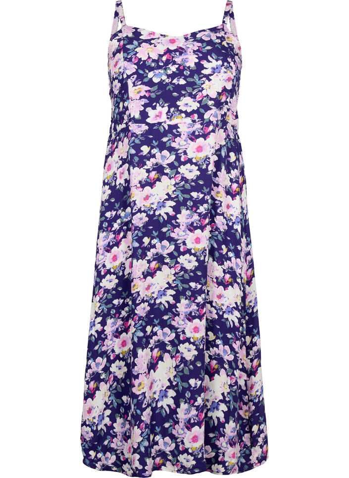 Floral viscose strap dress with smocking, Blue Flower, Packshot image number 0