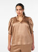 Satin-look blouse with 1/2 sleeves and a ruffle collar, Brown, Model image number 0