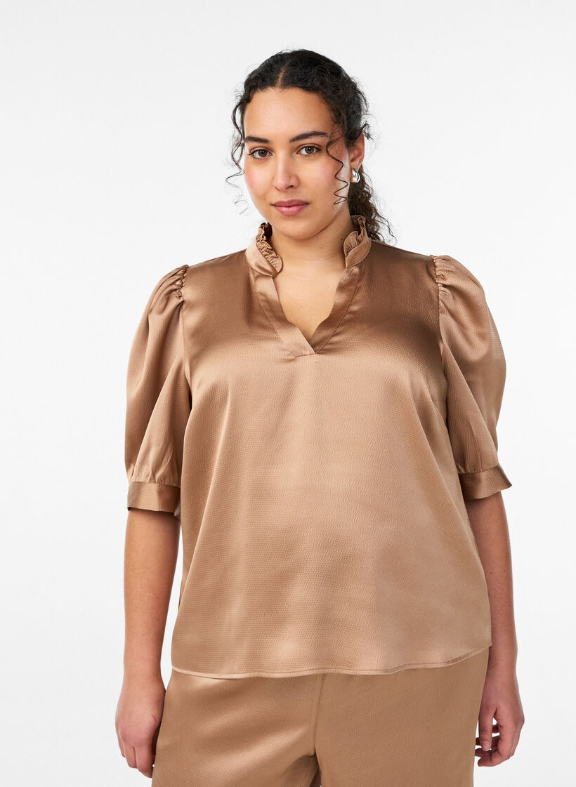 Satin-look blouse with 1/2 sleeves and a ruffle collar, Brown, Model image number 0