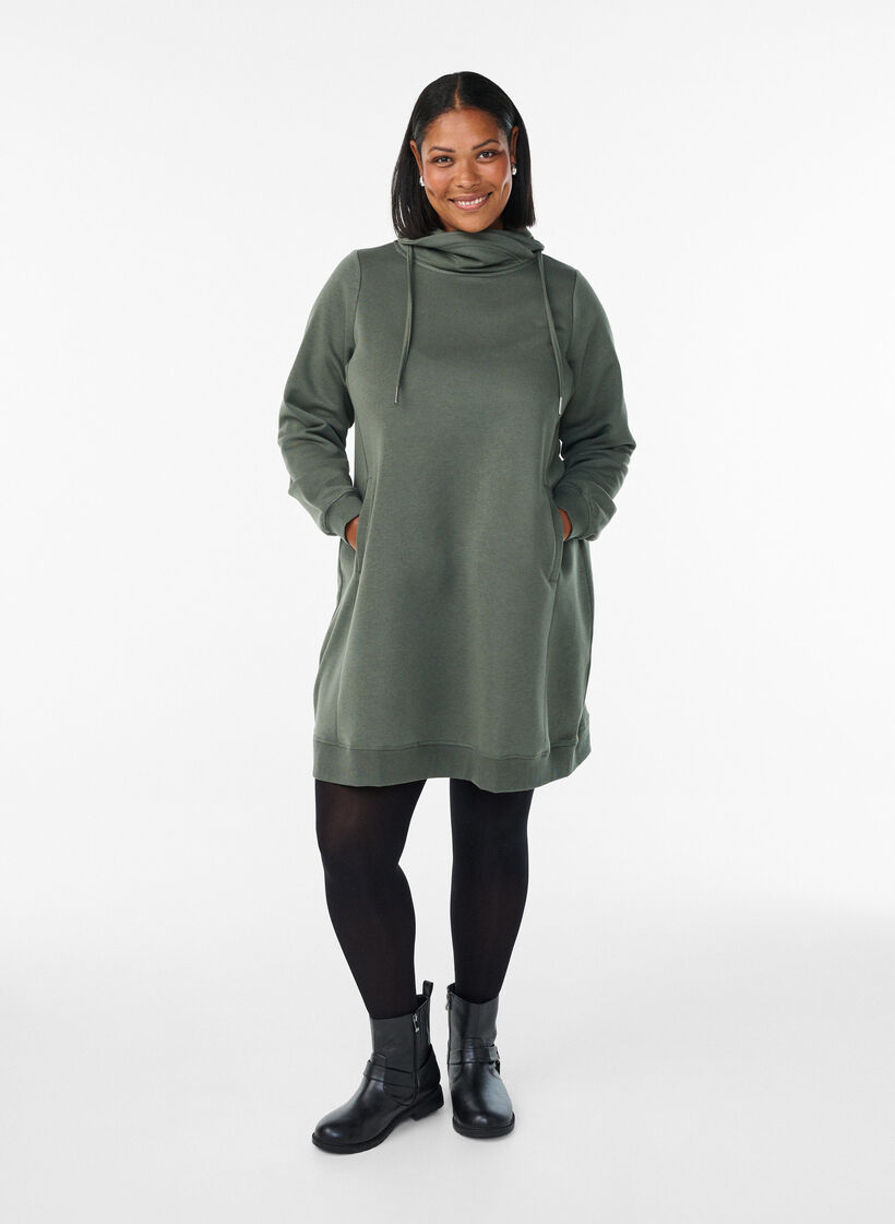 FLASH - Short sweatshirt dress with high collar and pockets, Green, Model image number 1