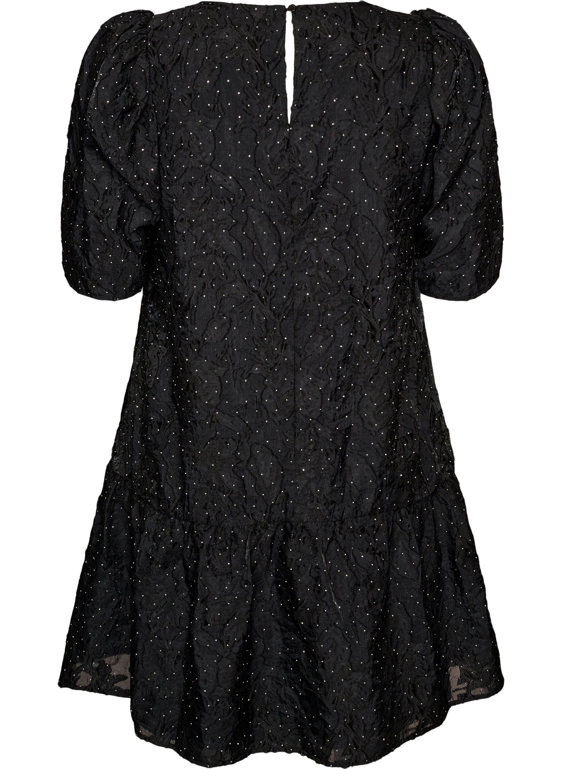 ZizzifashionJacquard dress with sparkly details and puff sleeves, Black, Packshot image number 1