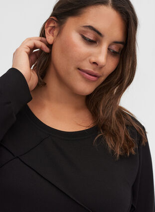 Long-sleeved sweat blouse with rounded neckline, Black, Model image number 2