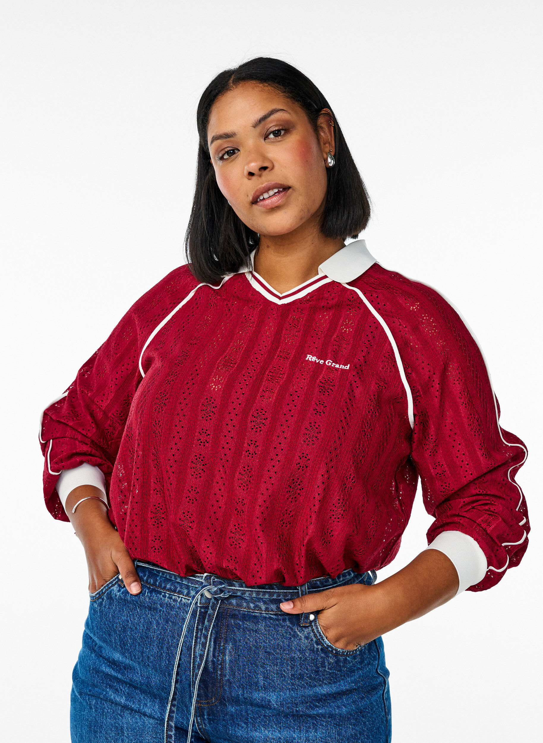 Zizzifashion Textured jersey blouse with contrast details, Red, Model image number 0