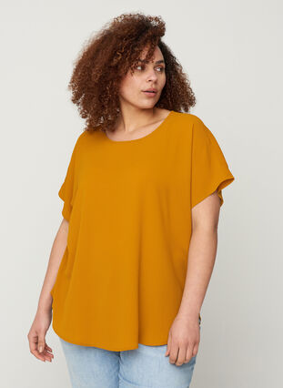 Blouse with short sleeves and a round neckline, Buckthorn Brown, Model image number 0