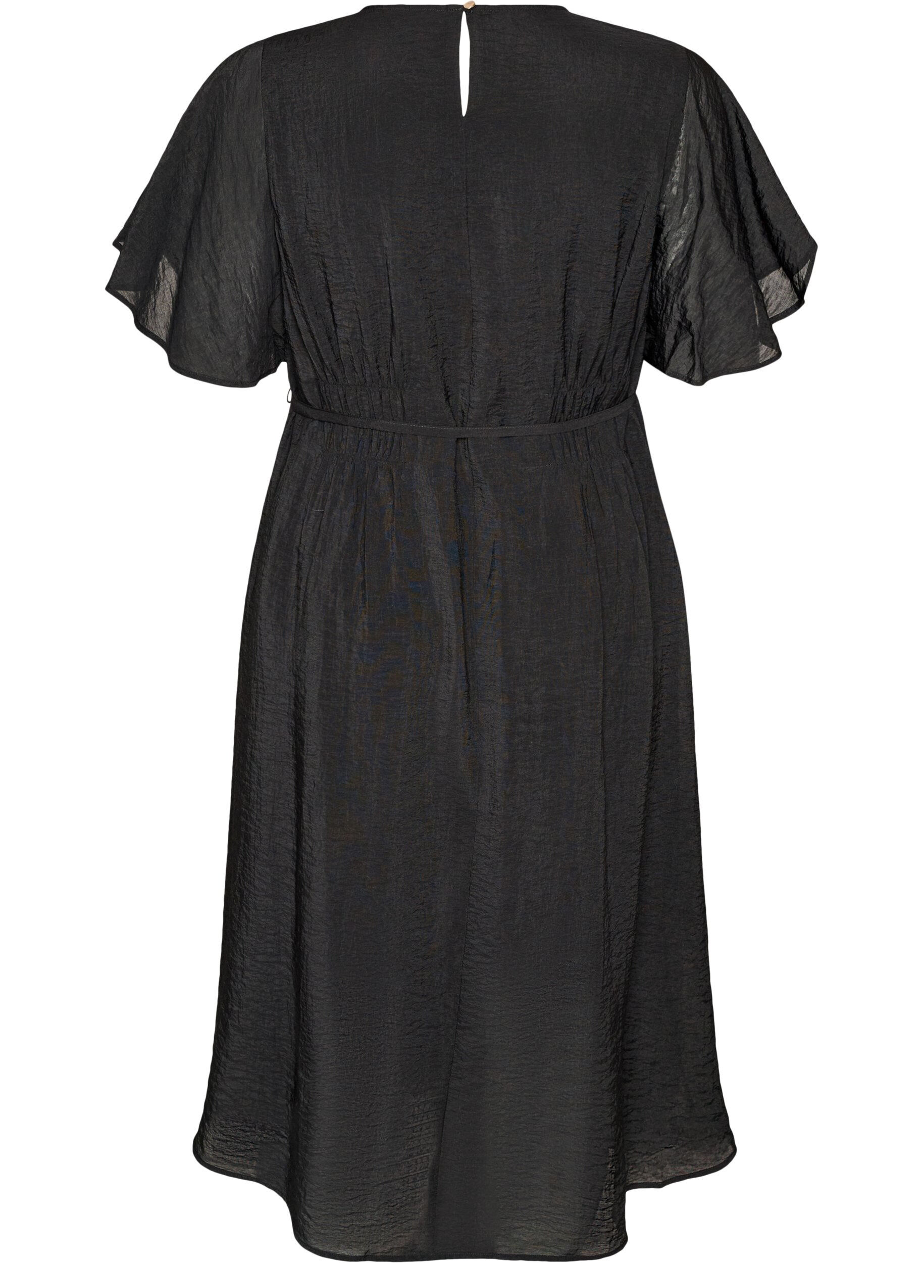 Zizzifashion Ankle-length dress with flutter sleeves and tie-waist, Black, Packshot image number 1