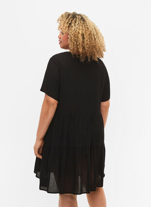 Short-sleeved viscose dress with A-line cut, Black, Model image number 1
