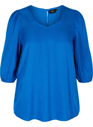 A-line, v-neck blouse with 3/4 balloon sleeves, Princess Blue, Packshot image number 0