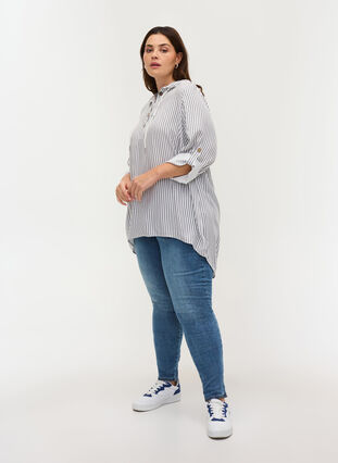 Viscose tunic with hood and 3/4-length sleeves, Black White Stripe, Model image number 2