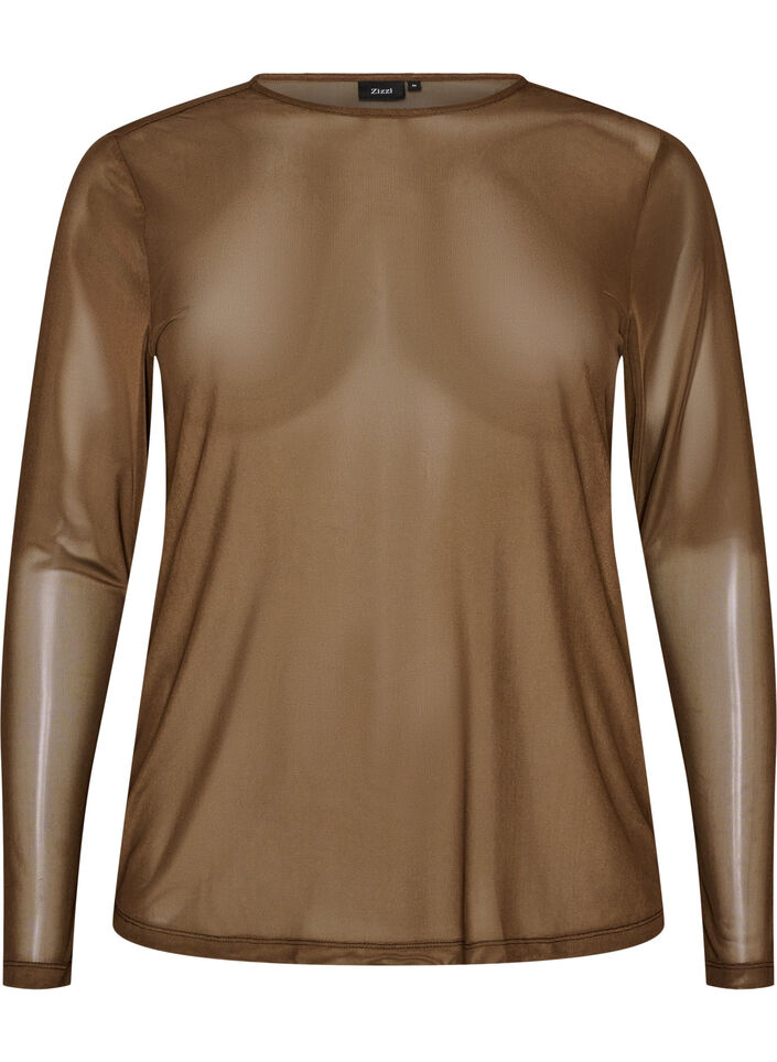 Mesh blouse with long sleeves, Brown, Packshot image number 0