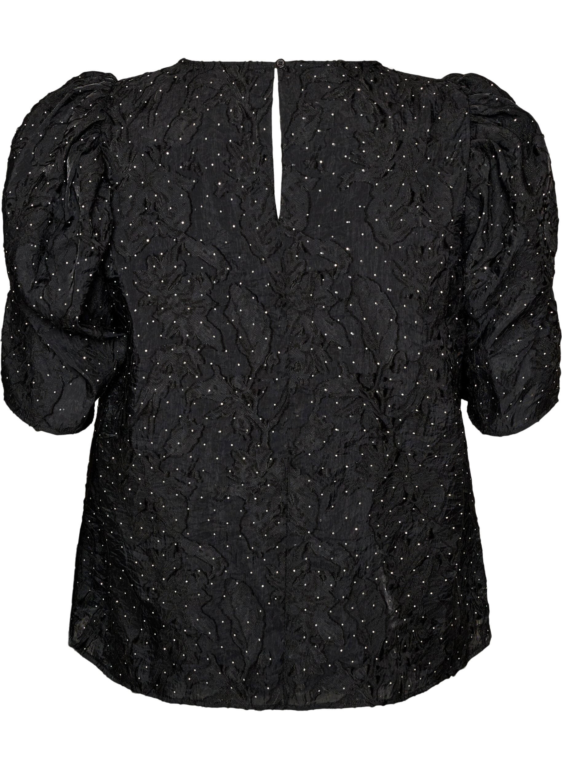 ZizzifashionJacquard blouse with sparkly details and puff sleeves, Black, Packshot image number 1