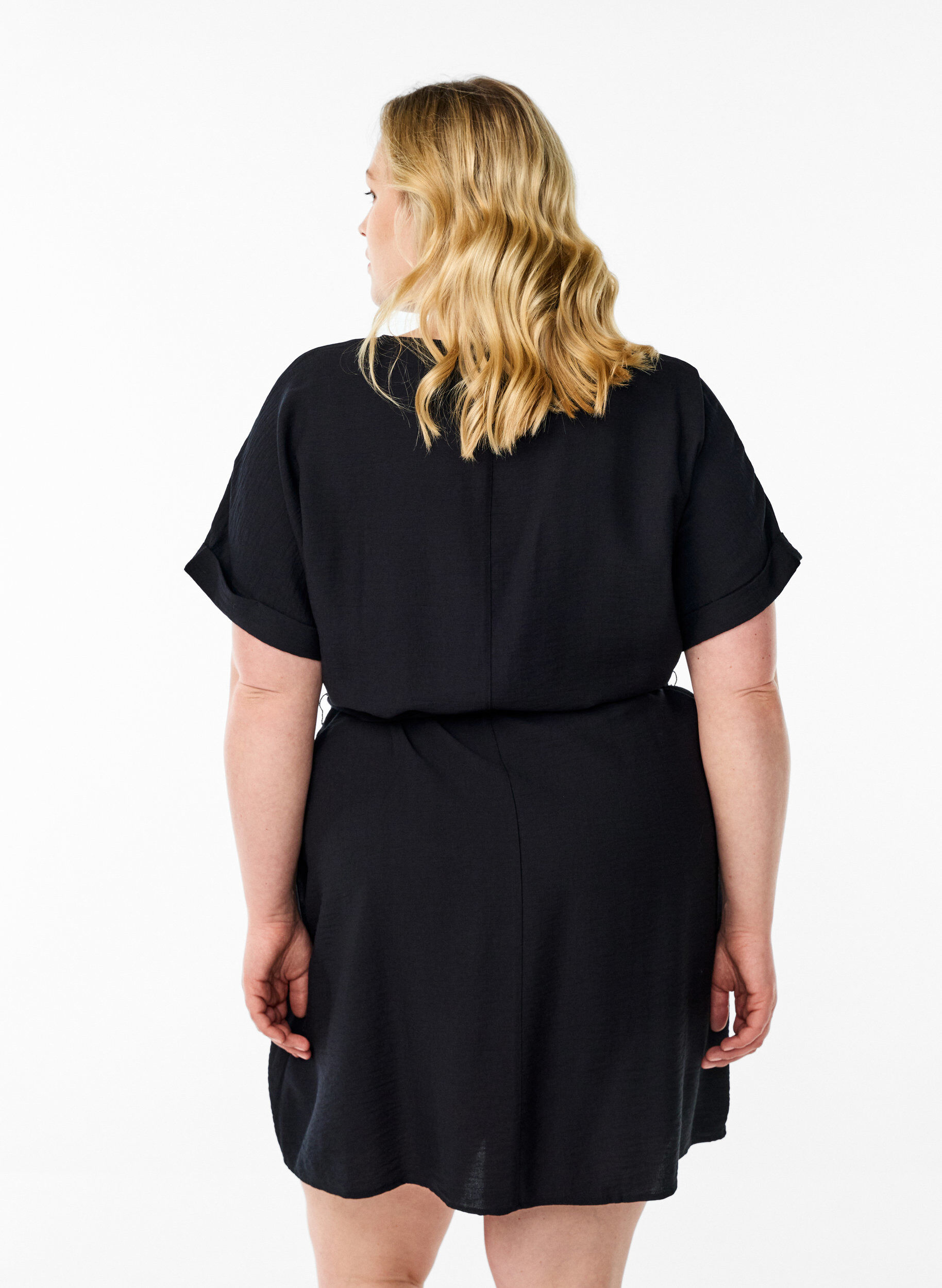 Zizzifashion Short dress with loose fit and tie belt, Black, Model image number 2