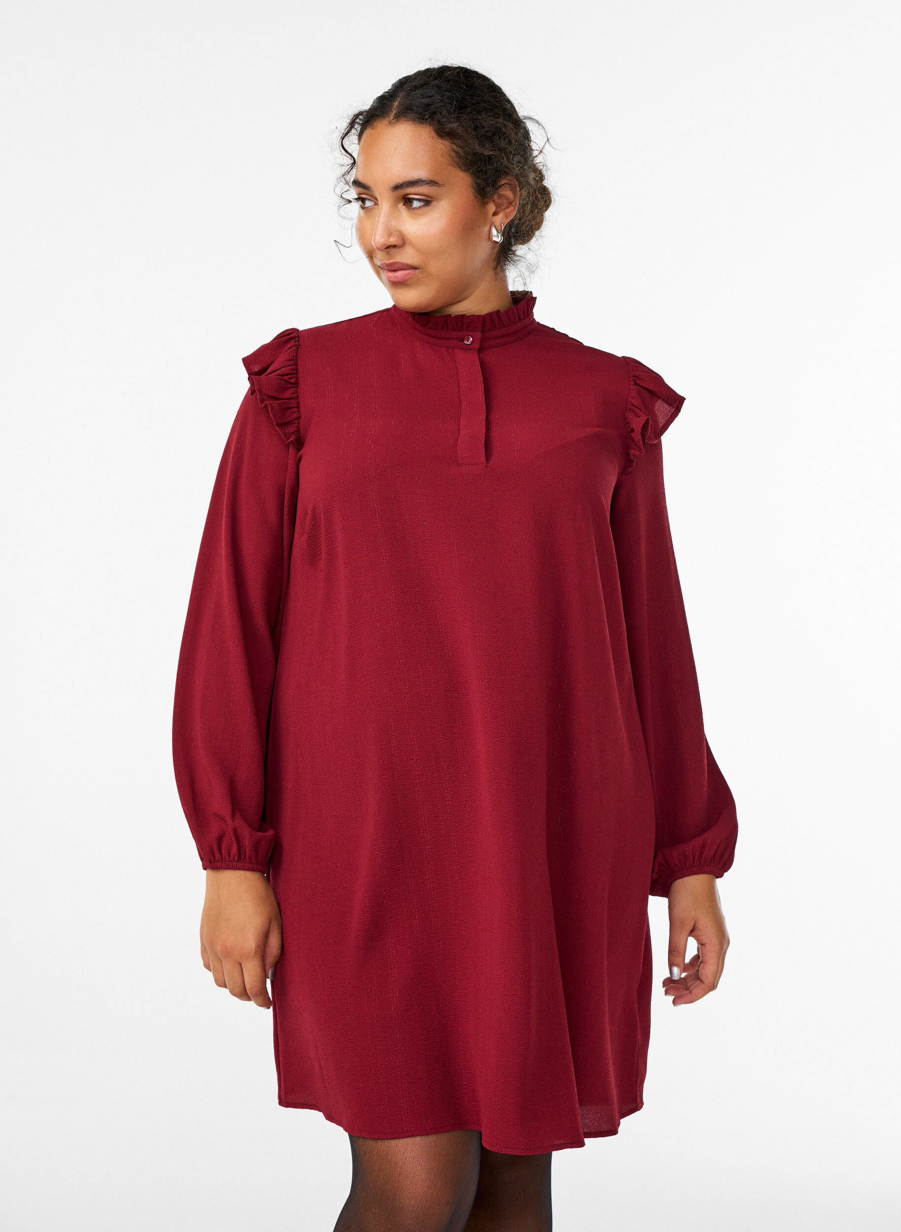 Short dress with ruffles and glitter, Dark Bordeaux, Model