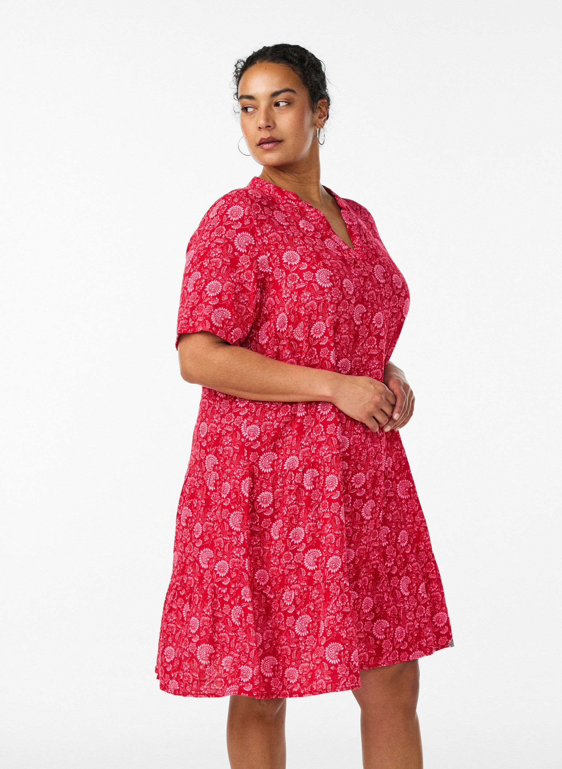 Short A-line dress in cotton muslin, Red, Model