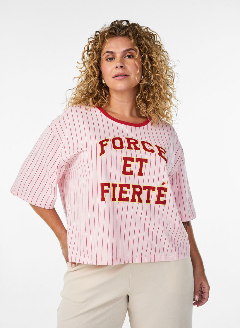 Boxy T-shirt with stripes and statement print, Rose, Model image number 0