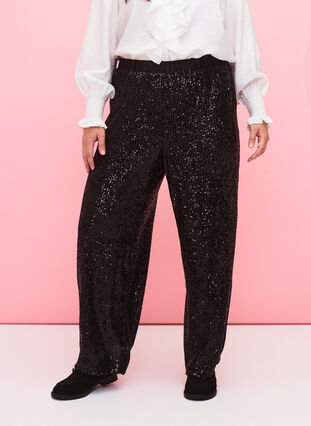 Sequin trousers with elastic waistband, Black, Model image number 2