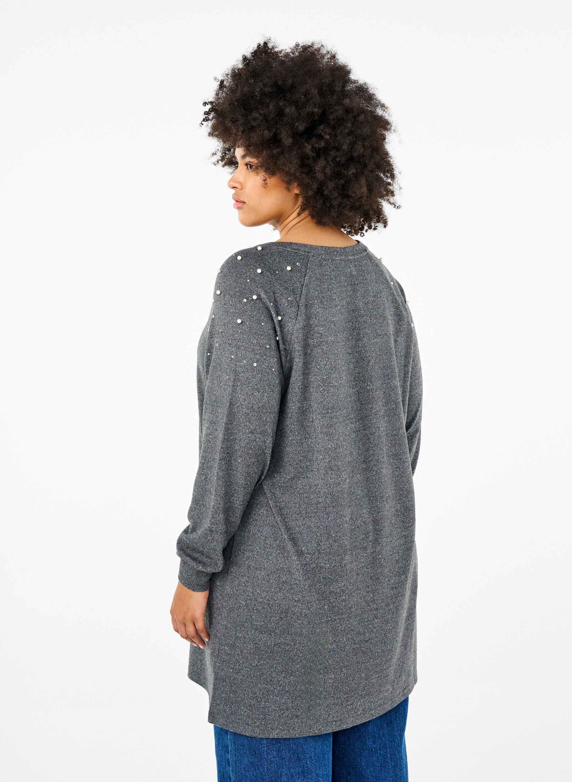 Zizzifashion Long-sleeved dress with pearls, Dark Grey, Model image number 2
