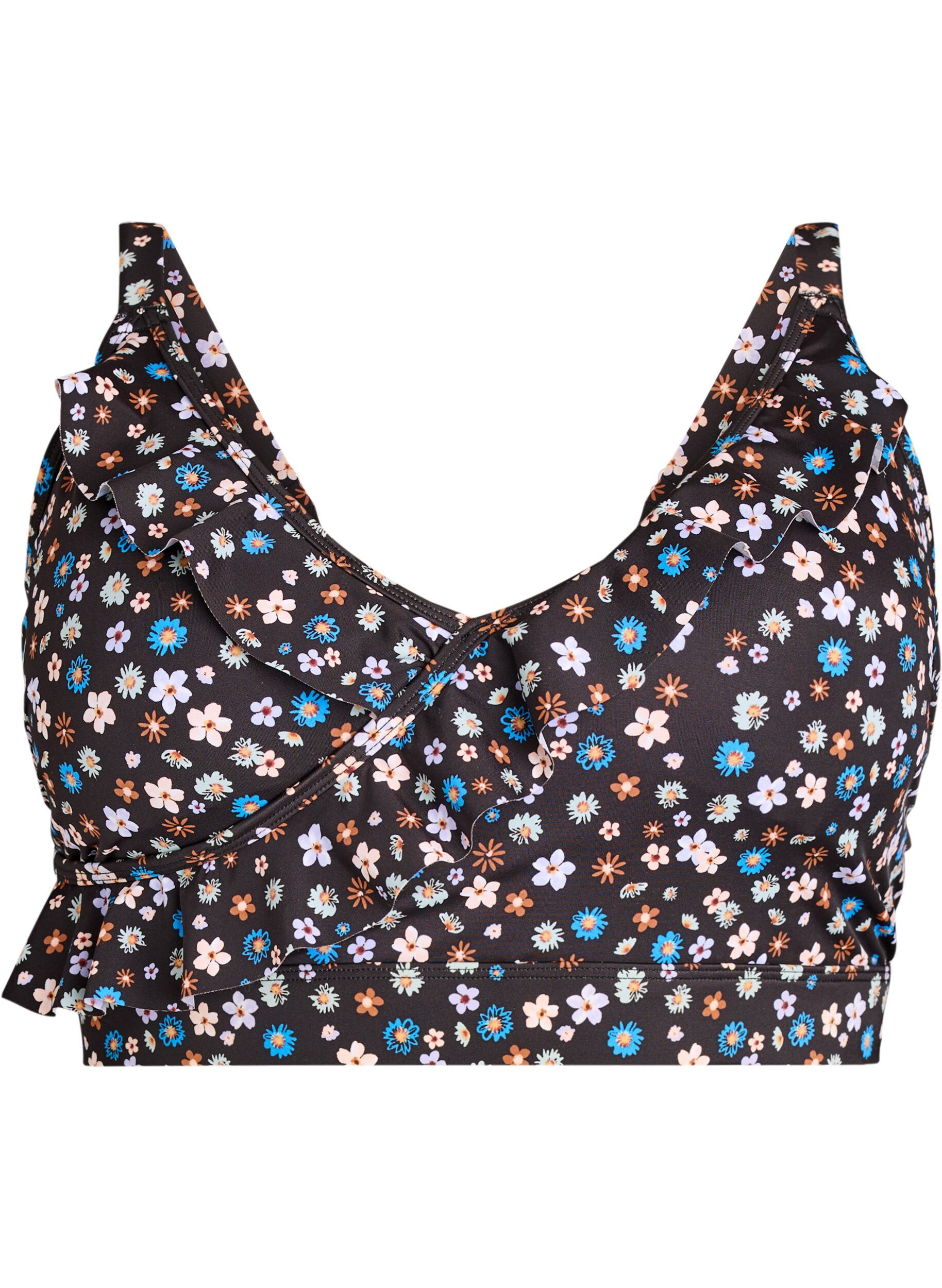 Zizzifashion Floral bikini top with ruffle details, Brown, Packshot image number 0