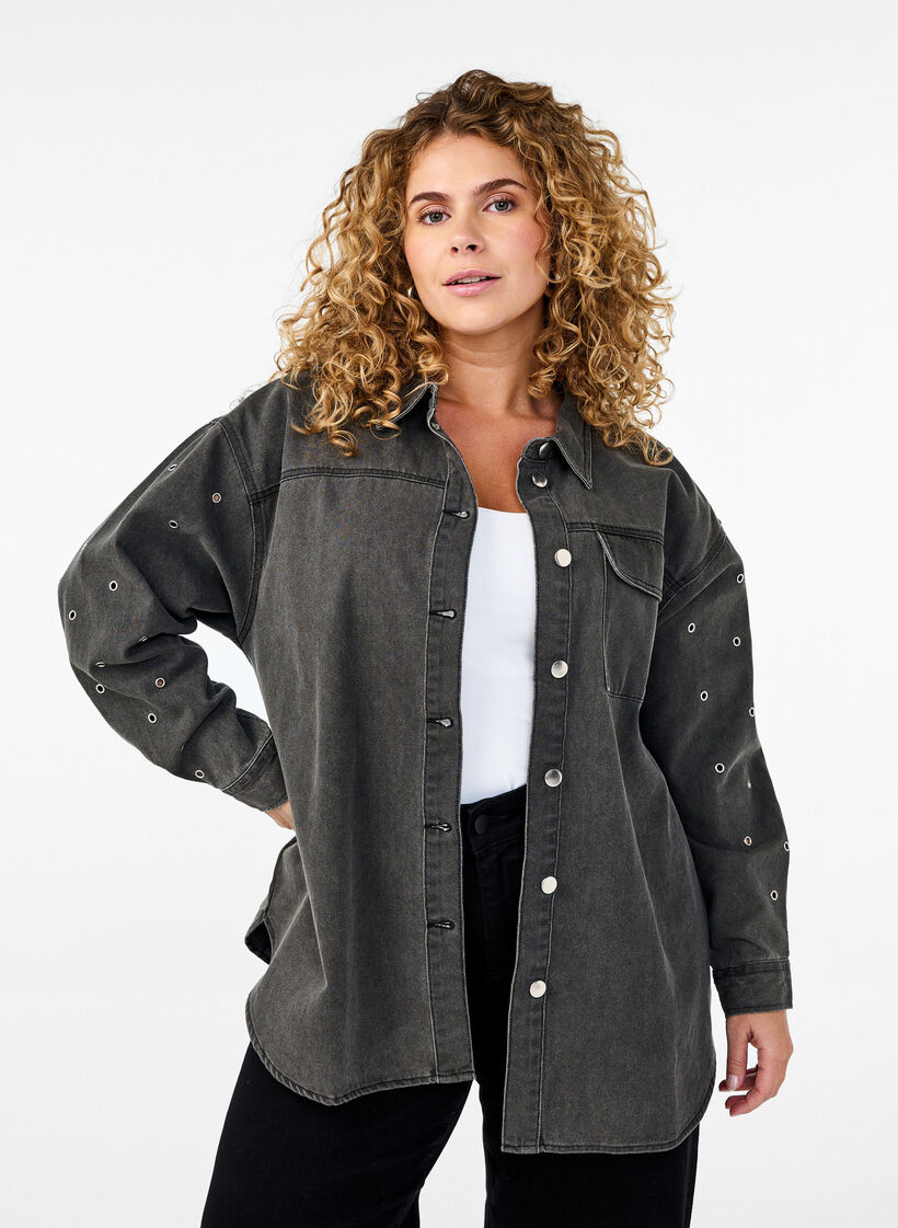 Denim shirt with eyelets on the sleeves, Grey Denim, Model image number 0