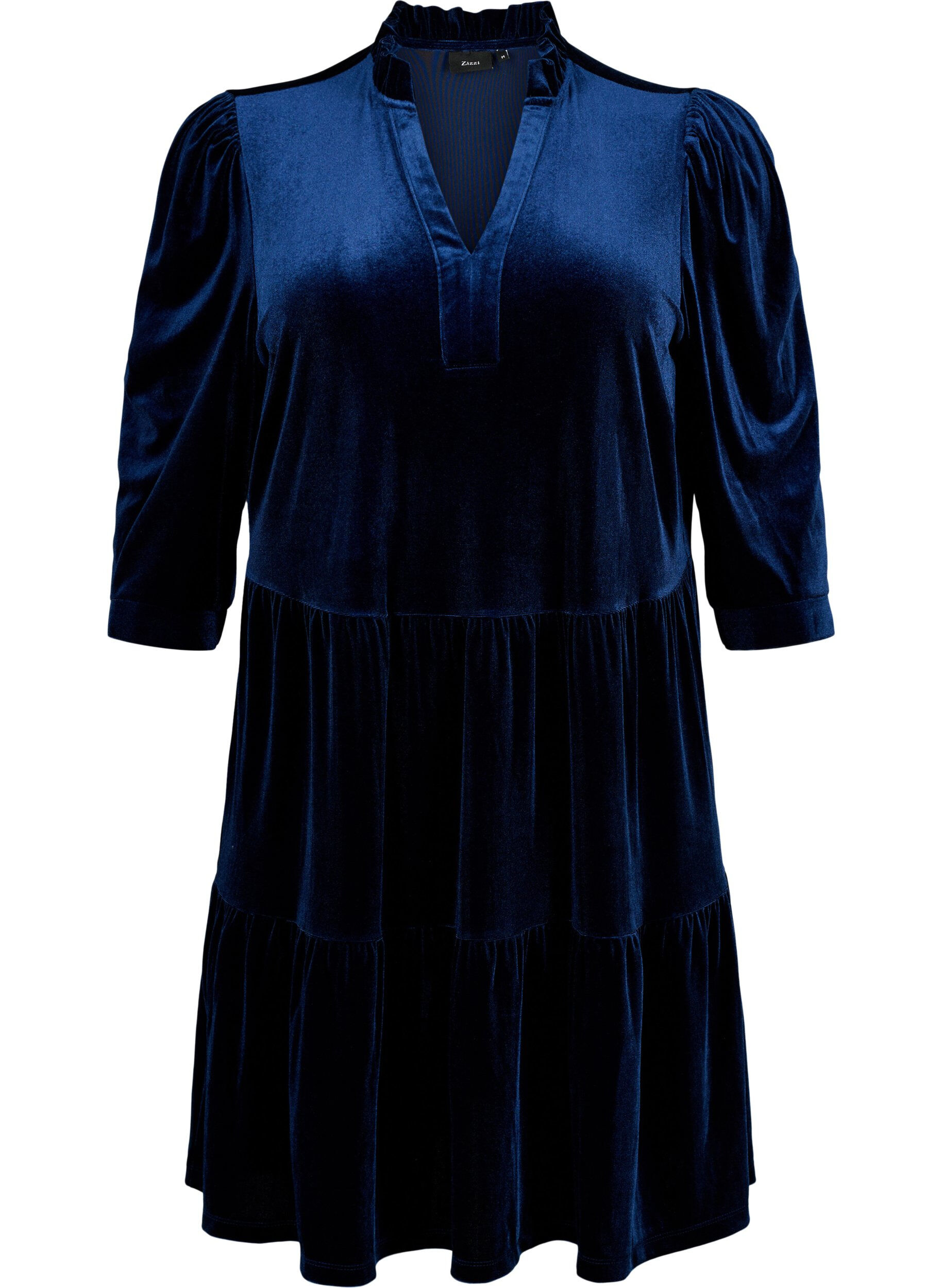 Zizzifashion Velour dress with ruffle collar and 3/4 sleeves, Navy Blazer, Packshot image number 0